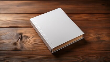 Fototapeta premium A hardcover book mockup on a wooden table featuring a minimalist cover design placeholder—perfect for showcasing book covers, branding, or editorial design concepts with a clean aesthetic. 