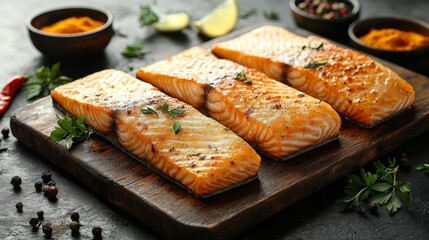 Delicious Grilled Salmon Fillets with Spices on Wooden Board
