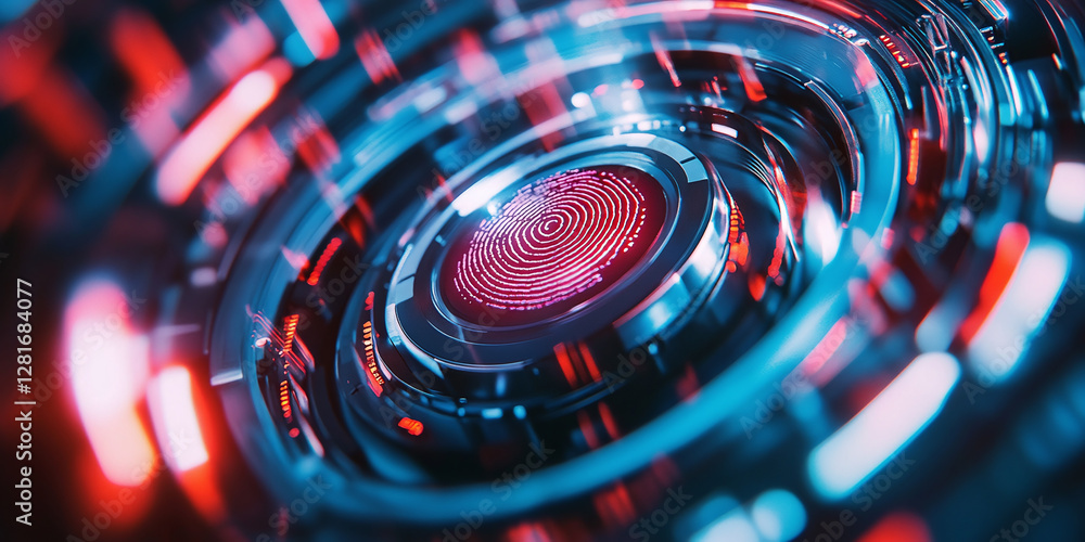 Poster biometric scan of a fingerprint on an advanced piece of tech, surrounded by neon light. futuristic c