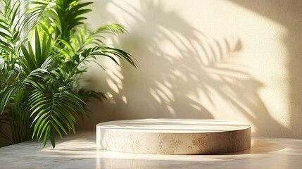 Fototapeta premium Marble podium, plant shadow, sunlight, indoor, product display