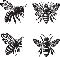 honey bee walking isolated on transparent background cutout black and white silhouette assets 