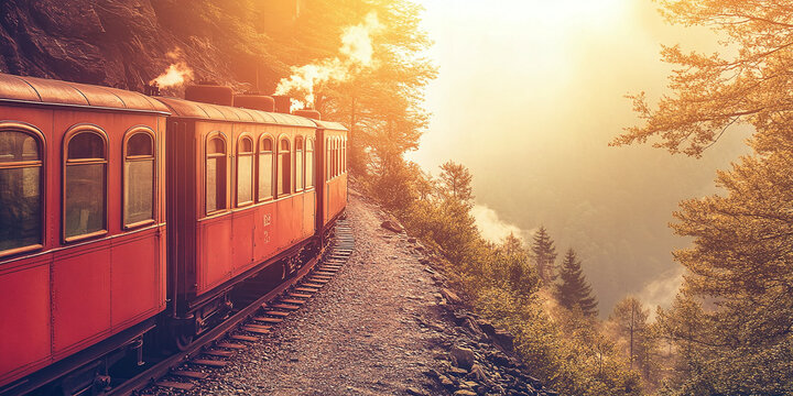 Vintage train traveling through scenic mountains at sunset, smoke billowing. Nature, travel, and nostalgia blend into a captivating journey through time.