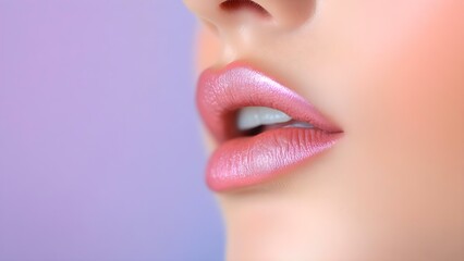 Obraz premium A close-up of a person's lips showing a glossy, pink lip color against a soft, blurred background. Concept Glassy Pink Lips, Close-Up Photography, Soft Focus Background, Beauty Aesthetics