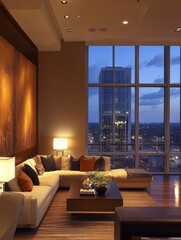 A modern living room has city views and ambient lighting