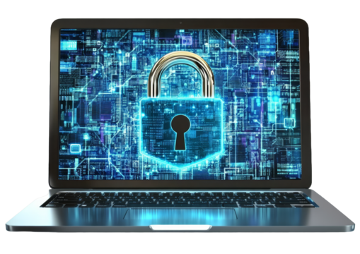 [Transparent Background PNG]Laptop Screen Showing Security Lock on Circuit Board