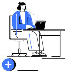 Person seated at desk using laptop, highlighted movement and ergonomic guides. Ideal for workplace health, posture tips, productivity, ergonomics, office design, wellness, abstract line flat metaphor