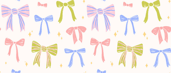 Seamless pattern with decorative ribbon bows and sparkles. Crayon texture. Hand drawn festive wallpaper in pastel shades. Cute and stylish design for fabric, background, gift wrapping, prints.