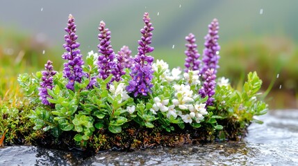 Obraz premium Purple and white alpine wildflowers grow on a wet mossy rock during a gentle rain shower.