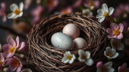 Bird Nest with Eggs and Spring Flowers