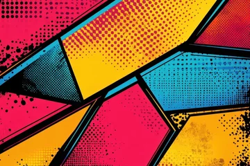 Gordijnen dynamic pop art background with geometric panels in vibrant primary colors bold halftone patterns and comic book style energy lines © Vesna