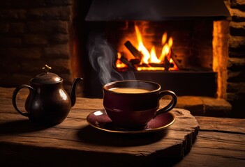 Fototapeta premium steaming mug placed comfortably rustic cozy fireplace background warm glows soft ambience, cup, beverage, wood, hot, interior, living, warmth, ambiance