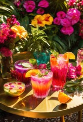 vibrant beverage arrangements showcasing colorful glassware stunning presentations drinks bright hues, cocktail, barware, mixology, garnishes, soda, juice