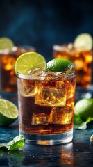 Refreshing Cuba Libre Cocktail with Lime Wedges and Ice Cubes