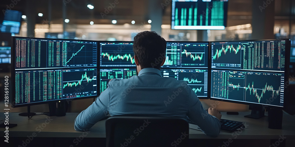 Aufkleber trader analyzing stock market data on multiple monitors. the images show stock trading charts, makin