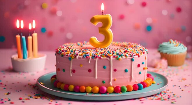 3rd birthday celebration cake, with candles in the shape of the number 3