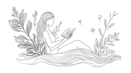 Obraz premium A simple yet elegant black and white line drawing of a woman reading a book, surrounded by delicate botanical elements, symbolizing knowledge and nature.