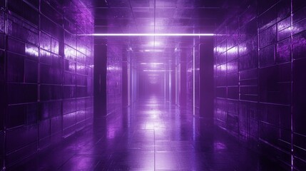 A futuristic purple neon hallway with glowing lights and reflective floors