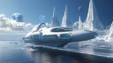 Futuristic Spaceship Hovering Over Icy Alien Planet Landscape