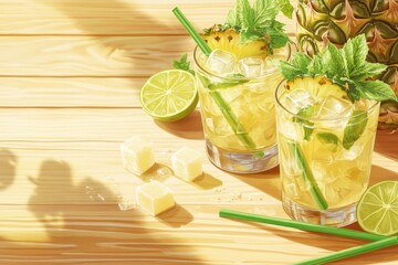 Fototapeta premium Refreshing Pineapple Mint Cocktails On Wooden Surface