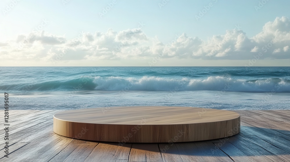 Poster serene ocean view with wooden platform for product display capturing tranquil beach scene and azure 