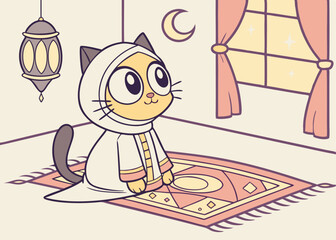 Cat in Traditional Attire, Sitting on a Prayer Mat and Looking Up with Hope