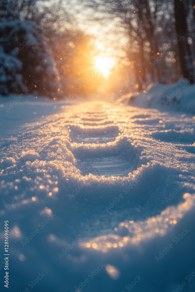 Poster golden sunlight illuminating fresh snow in a winter forest path creating a warm and serene atmospher