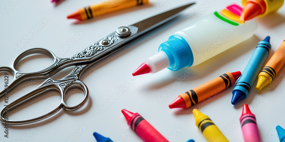 Poster crafting tools on a table featuring colorful crayons and scissors in a creative workspace