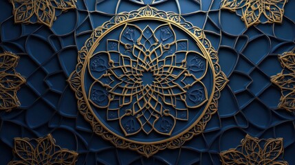 Intricate gold mandala on dark blue ornate background.