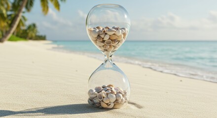 Seashell hourglass on a beach symbolizing time slipping away at the shore