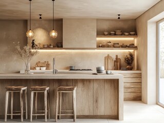 A kitchen design showing a modern modern kitchen island in a warm tone