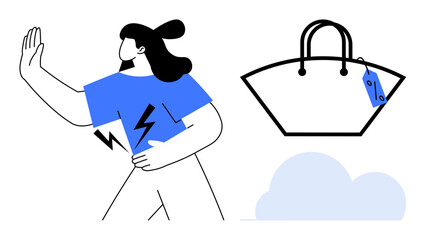 Woman with a stressed expression holding her side while walking away from an empty shopping bag with a blue price tag. Ideal for consumer behavior, stress, retail, shopping habits, financial