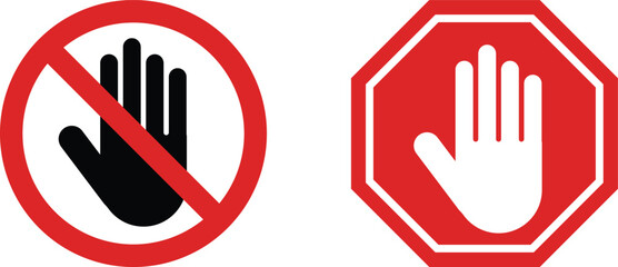 Stop hand icon set . Red stop sign . Stop warning icon with hand symbol . Vector illustration