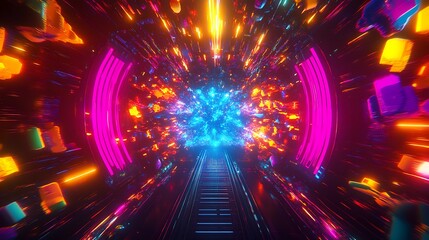 Fototapeta premium Neon Tunnel Exploding With Vibrant Colors And Light