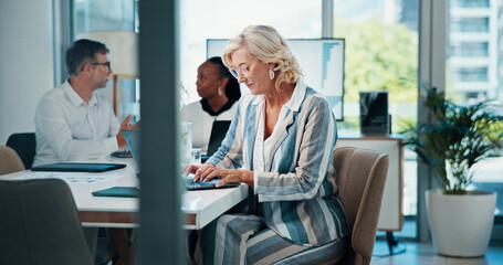 Fototapeta premium Woman, accountant and meeting on laptop in office for research, review information and financial report. Mature, person and online with bookkeeping, investment feedback and company revenue for growth