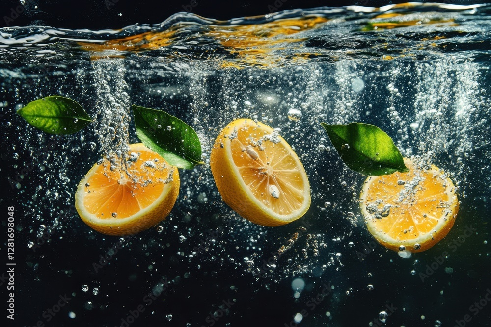 Poster sliced lemon freshness exploding in water with bubbles and leaves on dark background studio shot
