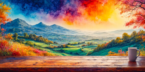 Autumnal Mountain Landscape with Coffee Mug on Wooden Table