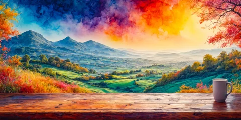 Gardinen Autumnal Mountain Landscape with Coffee Mug on Wooden Table © Naluphon