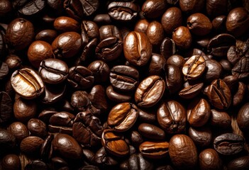 Fototapeta premium close image featuring assorted coffee beans rustic textured surface rich natural colors detailed patterns, aroma, flavor, brown, dark, organic, fresh