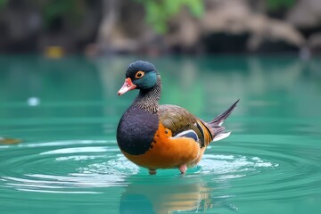 Obraz premium Vibrant Mandarin Duck on Turquoise Water - Beautiful Bird in Natural Habitat