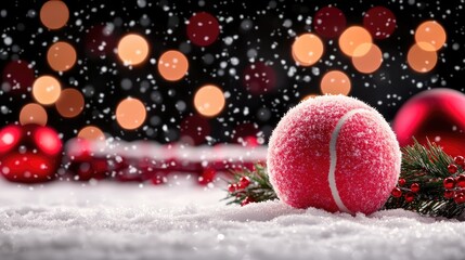 Pink tennis ball in snow, Christmas lights, winter holiday