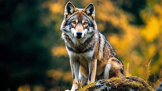 majestic wolf perched on a mossy rock in an autumn forest. Concept of wildlife conservation, primal instincts, and natural habitat.
