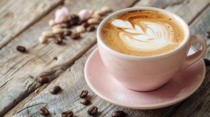 A beautiful  ceramic coffee cup with a creamy cappuccino inside, topped with a delicate swirl of milk foam