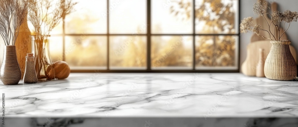 Poster elegant marble countertop with vases and autumn foliage against a bright window in a warm interior s
