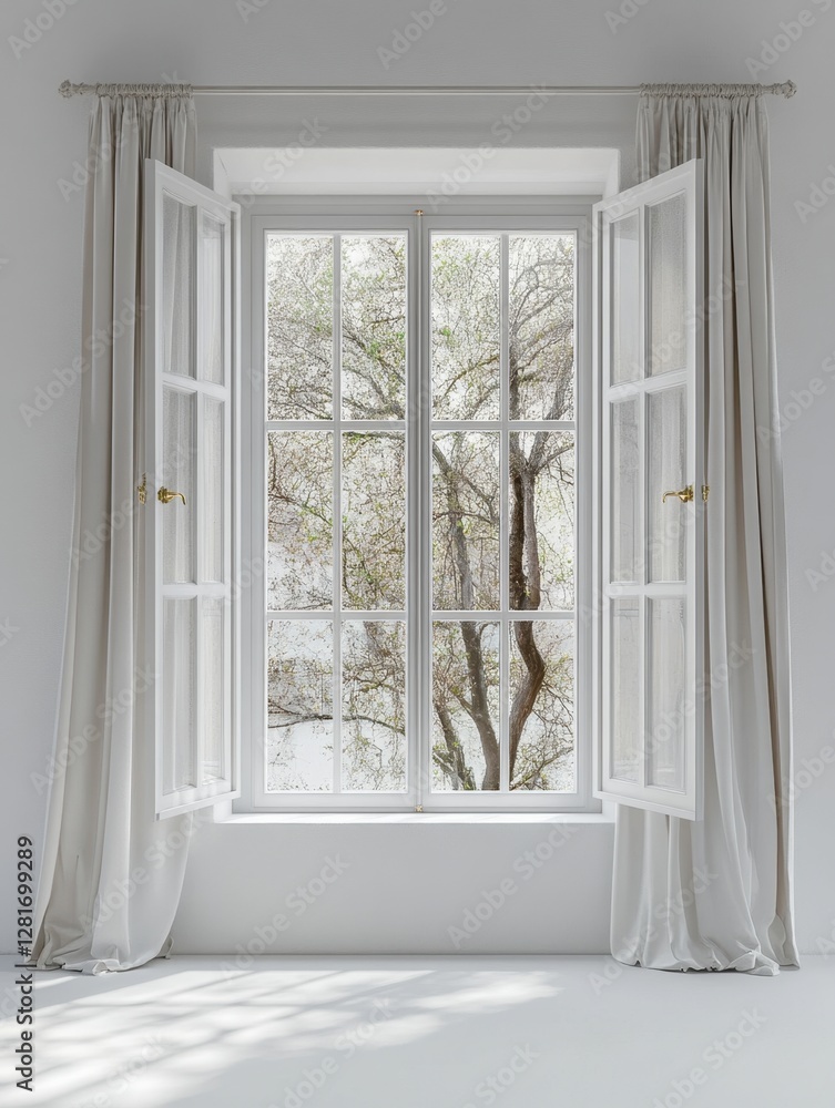 Poster serene interior view of blossoming tree through open window with flowing curtains and soft sunlight 