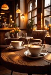 Fototapeta premium inviting display cozy coffee cups steaming drinks nestled rustic table surrounded warm textiles soft lighting, barista, beverage, brew, ceramic, decor