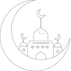A vector representation of an Islamic mosque with tall minarets and a crescent moon on a clear background.