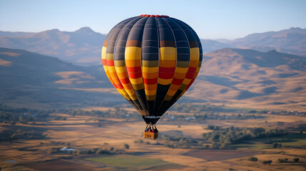Fototapeta premium Hot air balloon flight over mountain valley at dawn; travel, adventure