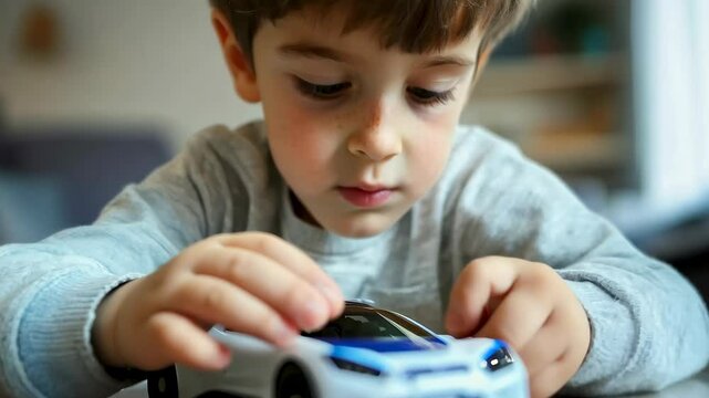 Young child playing with toy car on table