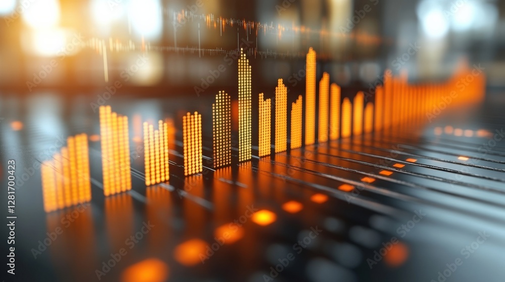 Poster visualization of audio data with vibrant orange bars reflecting sound intensity in a modern studio
