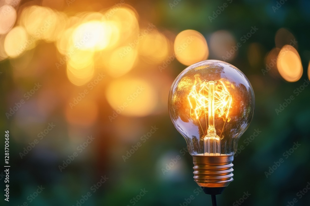 Fototapete light bulb glowing brightly in the evening with a warm sun setting in the background. generative ai